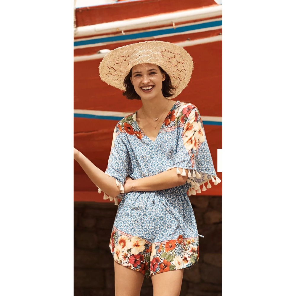 Farm Rio Anthropologie Carmen Floral Romper Blue Tassel Kimono Sleeve XS